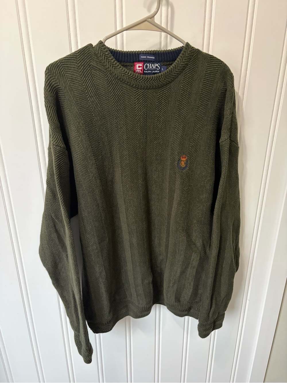 Vtg 90s Chaps Ralph Lauren Hand Framed Herringbone Knit Sweater Mens L Olive
